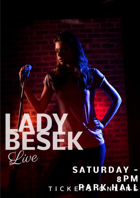 Ideal for promoting live music events, concerts, and entertainment venues. Highlighting a female performer, this image can be used in advertisements and digital promotional materials to attract attendees and sell tickets for the event.