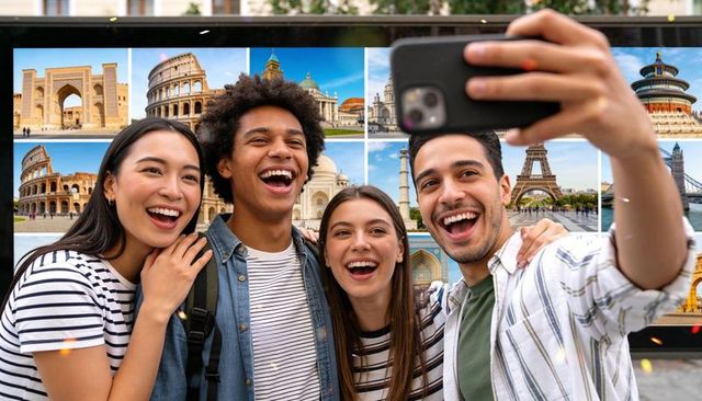 Multicultural friends taking selfie by landmarks billboard, laughing and posing together