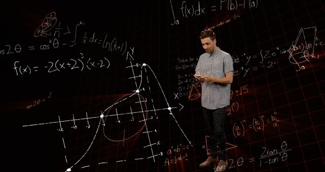 Young man analyzing and solving complex mathematical formulas, equations, and graphs on a transparent board. Ideal for educational materials, STEM content, tutoring websites, and academic publications focusing on mathematics, science, and education.