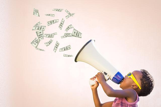 Digital composite of Girl talking in megaphone with banknotes coming out from it