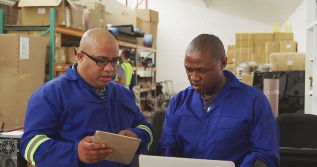 Two African American men review data on a tablet in a warehouse. They are focused on inventory management, ensuring efficiency in the workspace.