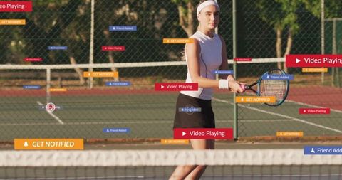 Tennis player engaged on court with notification overlays