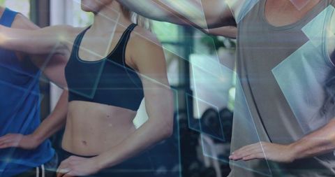 People Exercising in Gym with Futuristic Digital Overlays