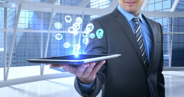 Businessman holding digital tablet with floating social media icons in modern office. Perfect for illustrating concepts of digital business innovation, social media marketing, technological advancements, corporate presentations, and modern communication strategies.