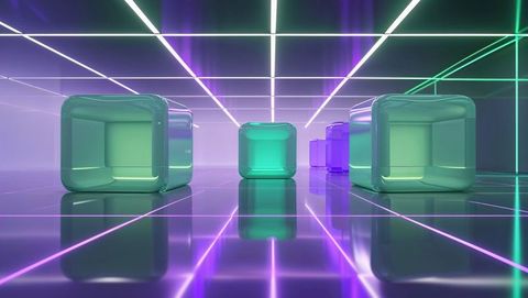 Futuristic neon cube corridor with digital geometry