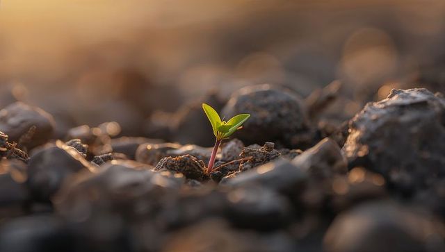 Young seedling breaking through soil at golden hour germination concept close-up new growth