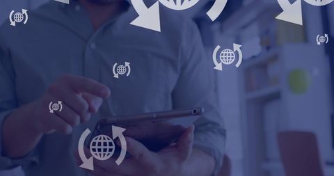 Caucasian Businessman Using Tablet with Global Icons Overlay - Download Free Stock Images Pikwizard.com