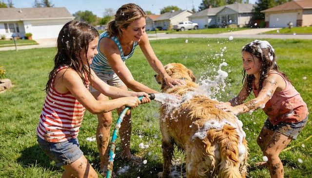 Family washing golden retriever with hose and soap in sunny suburban front yard