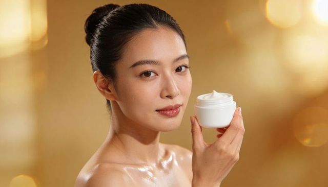 Asian woman holding moisturizer jar, showing dewy glowing skin and radiant skincare beauty