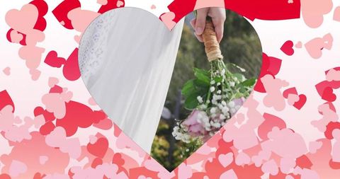Bride holding twine wrapped bouquet inside heart frame surrounded by falling hearts