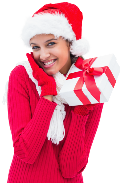 Happy Woman with Santa Hat Holding Gift Isolated on Transparent Background - Download Free Stock Videos Pikwizard.com