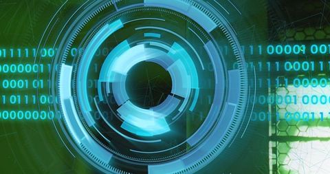 Futuristic data interface with binary and circular graphics