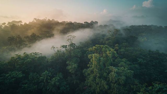 Misty tropical rainforest canopy at sunrise, glowing mist rolling over emerald jungle