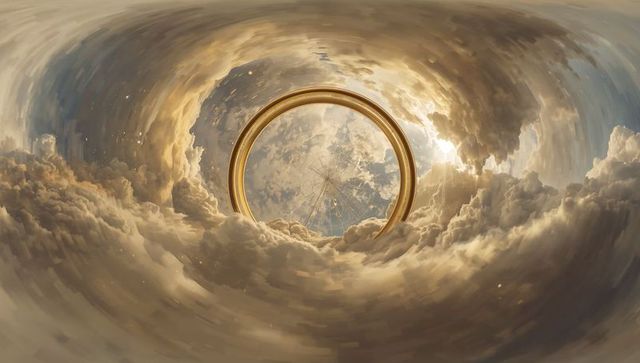 Golden halo ring piercing celestial cloud vortex with ethereal sunburst