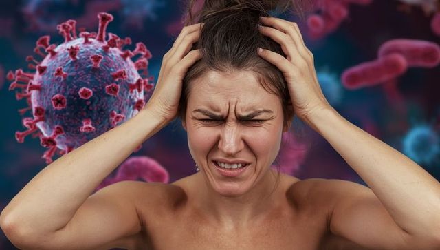 Woman experiencing distress with floating viruses and bacteria in background