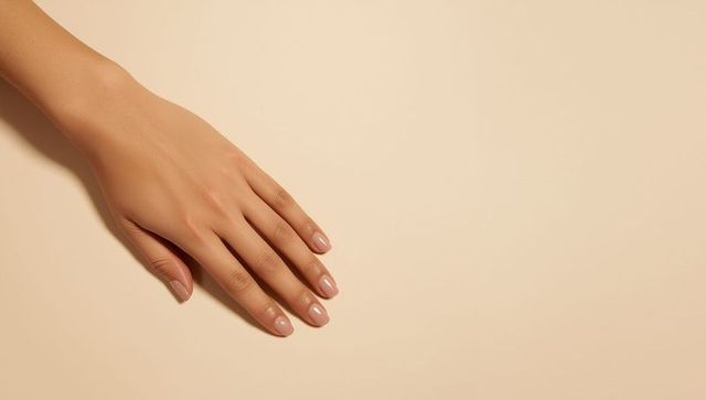 Elegant Female Hand with Neutral Manicure on Cream Background