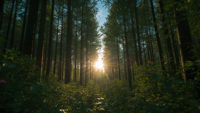 Sunbeams Streaming Through Tall Pine Trunks Lighting Lush Understory during Golden Hour