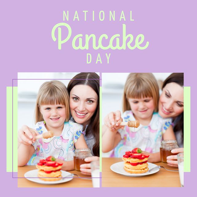 Collage of happy caucasian mother with daughter pouring honey on pancakes and national pancake day. Text, composite, family, together, breakfast, childhood, food, support, charity and celebration.