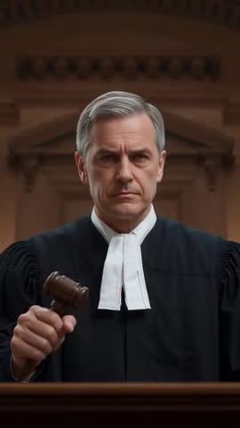 Stern Judge Raising Gavel and Calling Court to Order in Dramatic Vertical Courtroom Scene