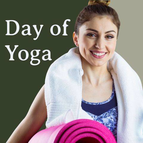 Smiling Woman with Yoga Mat Celebrating Day of Yoga