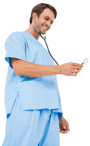 smiling surgeon using stethoscope in light blue scrubs on transparent background - Download Free Stock Videos Pikwizard.com