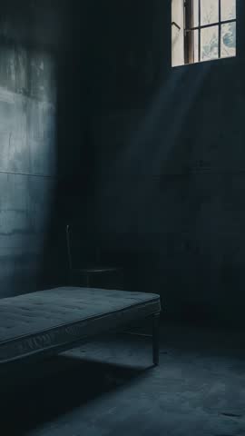 Vertical video: Sunlight streaming through barred window casting shadows on mattress in prison cell