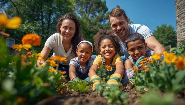 Joyful Family Gardening Together in Sunny Backyard