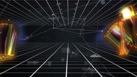Futuristic Neon Grid with Shimmering Lights and 3D Elements