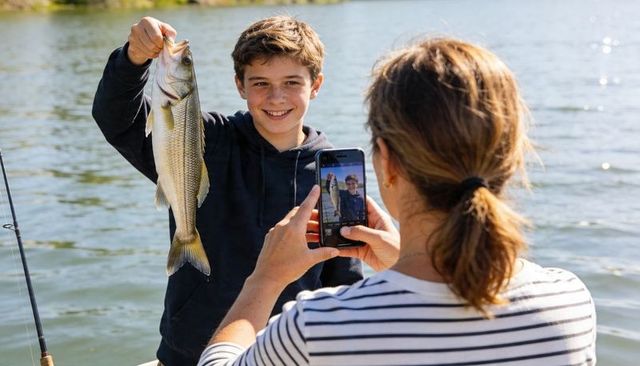 Smiling teen holding big catch while woman photographing on sunlit lake boat