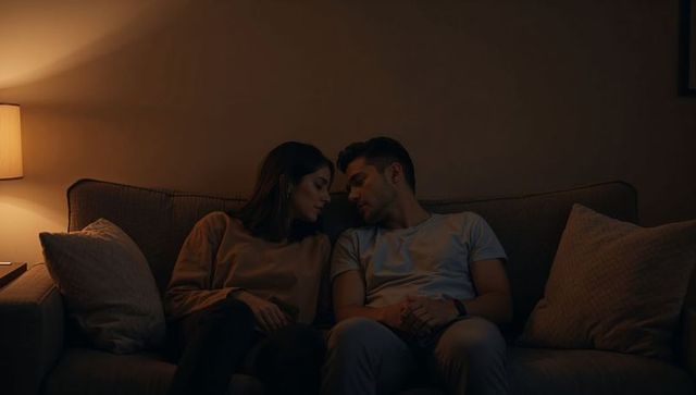 Couple cuddling on sofa at night, warm amber lamp light, cozy intimate moment
