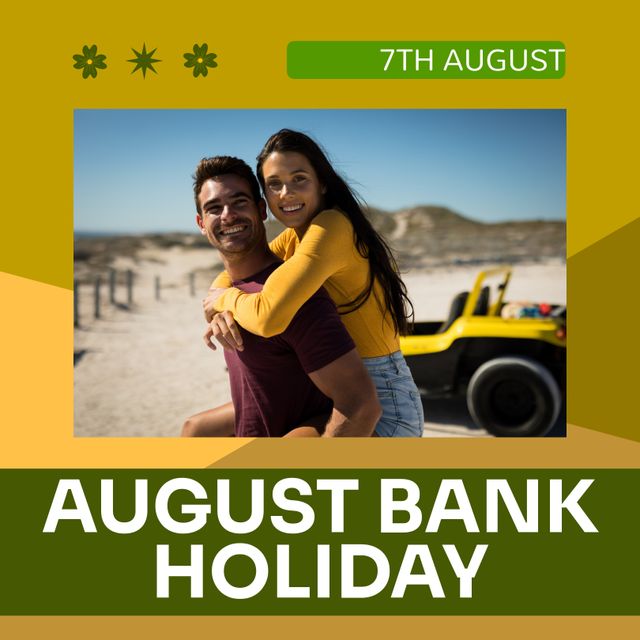 Young couple enjoying August Bank Holiday on a beautiful sunny beach with a dune buggy. Perfect for advertisements, event promotions, holiday offers, and travel blogs. The happiness and relaxed atmosphere convey the spirit of a summer holiday, ideal for summer travel campaigns.