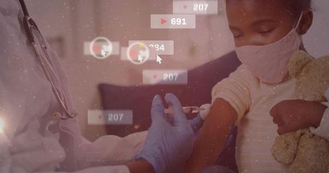 Child receiving vaccination from clinician while clutching teddy amid social media icons