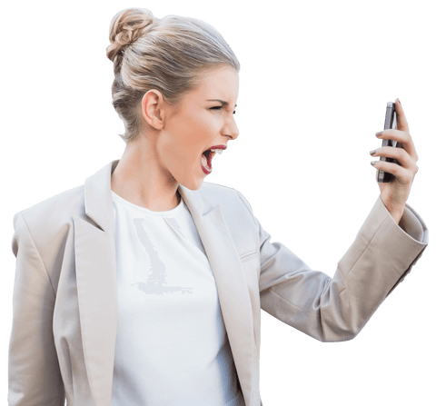 Frustrated businesswoman yelling at smartphone on transparent background