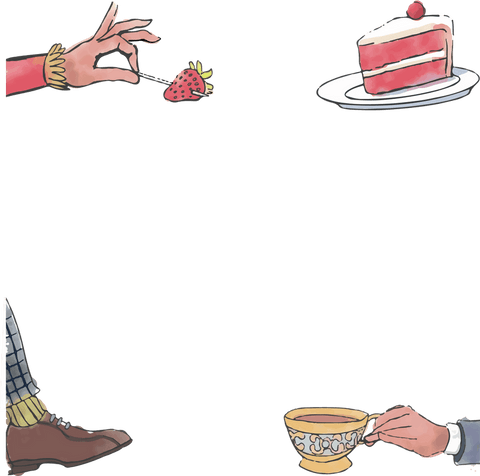 Transparent flat design showing cake, tea cup and hand illustration