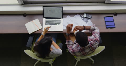 Collaborative Office Work: High Angle Team Discussion, Technology Focus