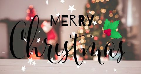 Handlettered merry christmas script overlay on cozy bokeh living room with holly and stars