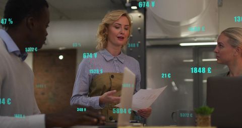 Business Team Discussing Financial Data Analytics in Modern Office