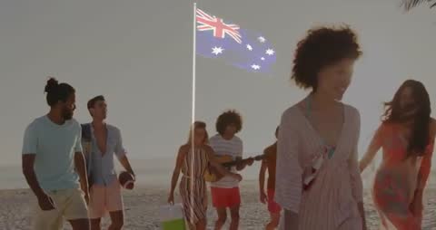 Young Friends Enjoying Fun Beach Day with Australian Flag