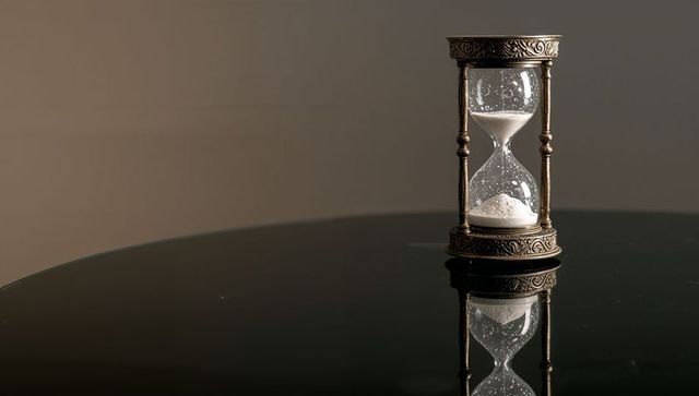 Elegant ornate hourglass with white sand on black tabletop