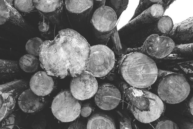 This black and white image showcases a stack of cut logs arranged in a pile. The image focuses on the texture of the wood, highlighting the natural patterns in the cut surfaces. This image can be used for topics related to forestry, woodworking, natural resources, or environmental studies. It provides a rustic and natural feel, suitable for backgrounds, presentations, or educational materials.