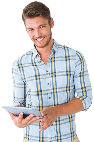 caucasian man smiling holding tablet on transparent background - Download Free Stock Videos Pikwizard.com
