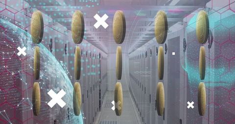 Crypto Coins Floating Above Data Servers Symbolizing Digital Currency & NFT