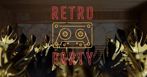 Retro party vibes with golden leaves and cassette motif