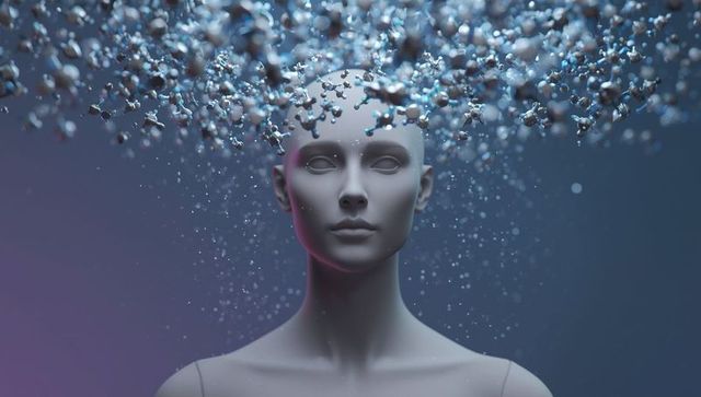 Futuristic digital mannequin with floating molecular structures
