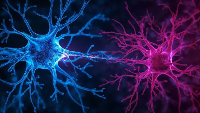 Blue and pink neurons connecting at synapse, glowing neural network illustration