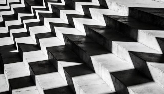 Casting geometric shadows across stepped concrete facade creating diagonal grid pattern