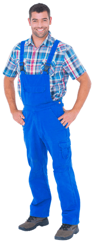 Happy Repairman in Blue Overalls Standing Confidently Transparent - Download Free Stock Videos Pikwizard.com