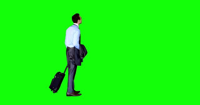 A businessman dressed in formal attire stands on a green screen background, holding a jacket with a suitcase by his side. This image is ideal for travel-related presentations, business advertisements, or promotional materials that require a customizable background. It can be used in advertisements, brochures, websites, and other multimedia materials focused on professionalism and travel.