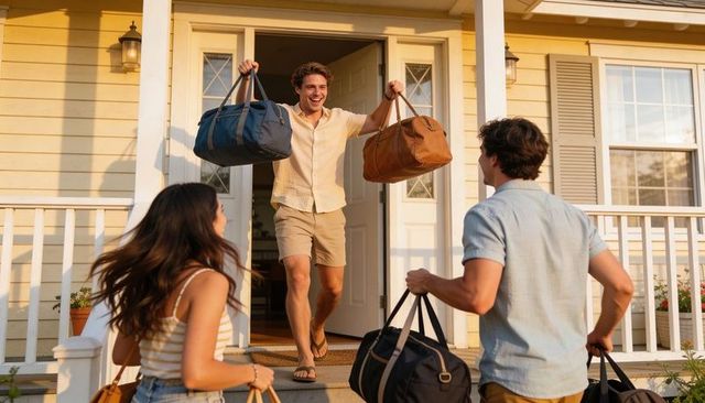 Friends arriving at yellow house carrying duffel bags greeting on porch at golden hour