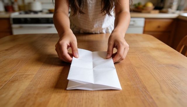 Child folding paper on wooden table in cozy kitchen, closeup of hands making origami